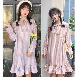 Plaid Ruffle Hem Long-sleeve A-line Dress