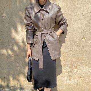 Faux-leather Long Jacket With Sash