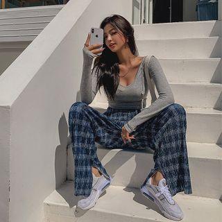 Slit-side Checked Velvet Wide-leg Pants