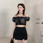Puff-sleeve Off-shoulder Check Lace Trim Crop Top / Mini Pencil Skirt