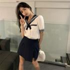Sailor Collar Bow Accent Shirt + Split Mini Skirt