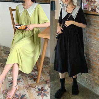 Color-block Collar Short Sleeve Plain Dress