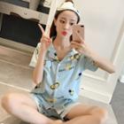 Loungewear Set: Pineapple Print Short-sleeve Top + Shorts + Eye Mask