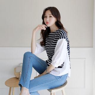 Puff-sleeve Stripe-panel Blouse