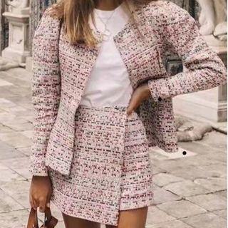 Set: Plaid Woolen Jacket + Asymmetrical Skirt