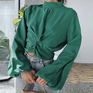 Balloon-sleeve Mock-neck Twisted Top
