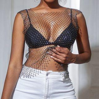 Sleeveless Rhinestone Fishnet Top