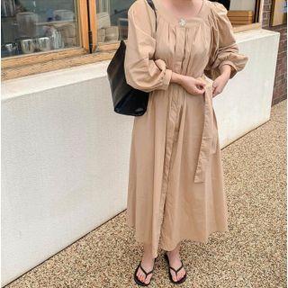 Puff Sleeve Button-up Dress Khaki - One Size