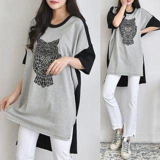 Elbow-sleeve Color-block Dip-back T-shirt