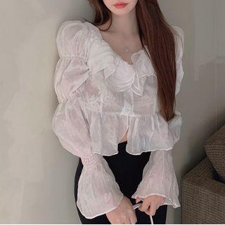 Long-sleeve Layered Collar Cropped Blouse White - One Size