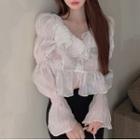 Long-sleeve Layered Collar Cropped Blouse White - One Size