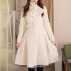 Belted Flared Furry Coat With Muffler