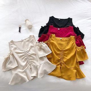 Plain V-neck Frilled Ruffled-trim Chiffon Blouse