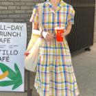 Short-sleeve V-neck Plaid Dress Plaid - One Size