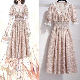 Short-sleeve Lace Trim Floral Print Midi A-line Dress