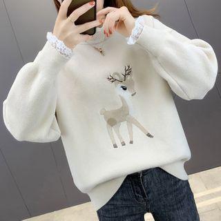 Mock-neck Deer Embroidered Sweater