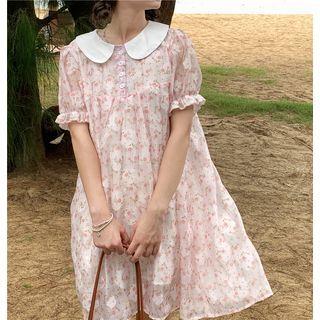 Short-sleeve Floral Collared Mini Dress Floral - Pink & White - One Size
