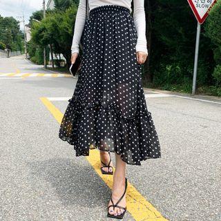 Frill-hem Dotted Long Skirt Black - One Size