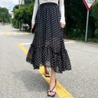 Frill-hem Dotted Long Skirt Black - One Size
