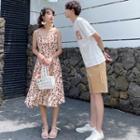 Couple Matching Flower Print Spaghetti Strap Midi A-line Dress / Short-sleeve T-shirt / Shorts