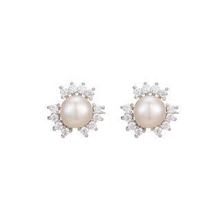 Sterling Silver Fashion Simple Geometric Round Freshwater Pearl Stud Earrings Silver - One Size