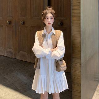 Long-sleeve Mini A-line Shirt Dress / Knit Vest / Set