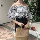 Print Off-shoulder Linen Lantern-sleeve Blouse