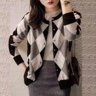 Round Neck Argyle Cardigan Black & White & Gray - One Size