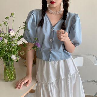 Puff-sleeve Cropped Button-up Blouse