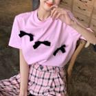Short Sleeve Bow Detail Top Pink - One Size