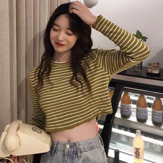 Mock-neck Contrast Striped Cropped Knit Top