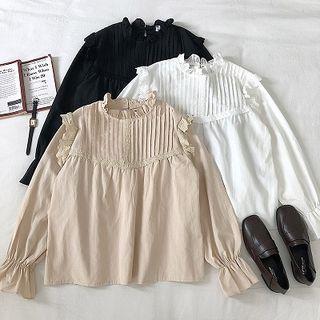 Plain Ruffled-trim Flare-sleeve Blouse