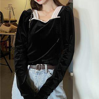 Long-sleeve Lace Trim Square-neck Top Black - One Size