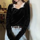 Long-sleeve Lace Trim Square-neck Top Black - One Size