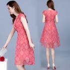 Short-sleeve Pattern Sheer A-line Dress