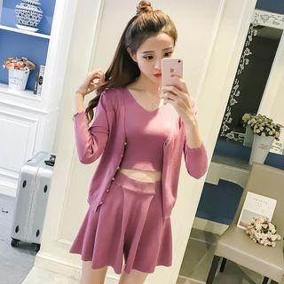 Set: V-neck Sleeveless Knit Top + A-line Skirt + Cardigan