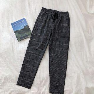 Check Lace-up High-waist Cropped Pants