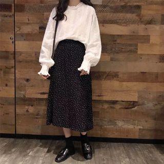 Dotted Midi A-line Skirt / Long-sleeve Lace Blouse