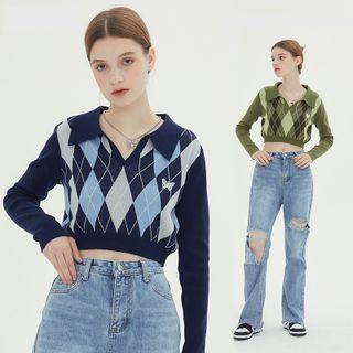 Argyle Print Open Collar Crop Sweater
