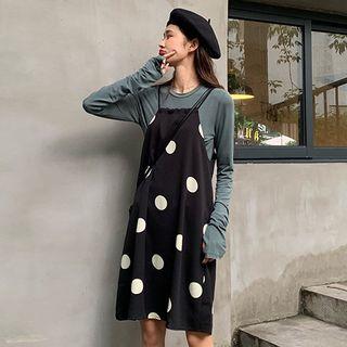 Long-sleeve T-shirt / Spaghetti Strap Dotted Dress