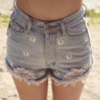 Distressed Embroidered Denim Shorts