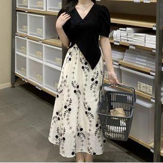 Short-sleeve Asymmetrical Top / Print Maxi A-line Skirt