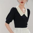 Short Sleeve Collar Two Tone Knit Top