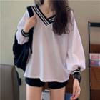 Long-sleeve V-neck Contrast Trim Top