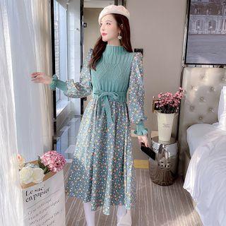 Long-sleeve Floral Knit Panel Midi Dress