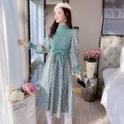 Long-sleeve Floral Knit Panel Midi Dress