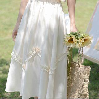 Frill Trim Midi A-line Skirt Almond - One Size