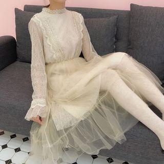 Mesh Overlay Long Sleeve Midi Lace Dress