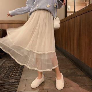 Lace Trim Layered Mesh Midi A-line Skirt