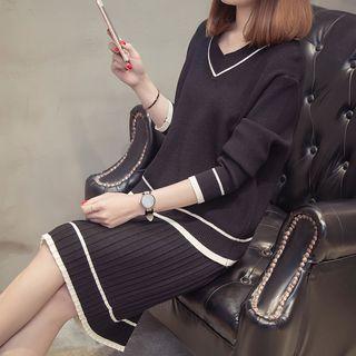 Set: Striped V-neck Sweater + Knit Skirt